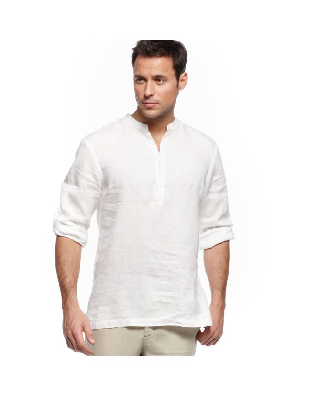 Perry Ellis Long Sleeve Linen Pullover Henley Shirt in White for Men | Lyst