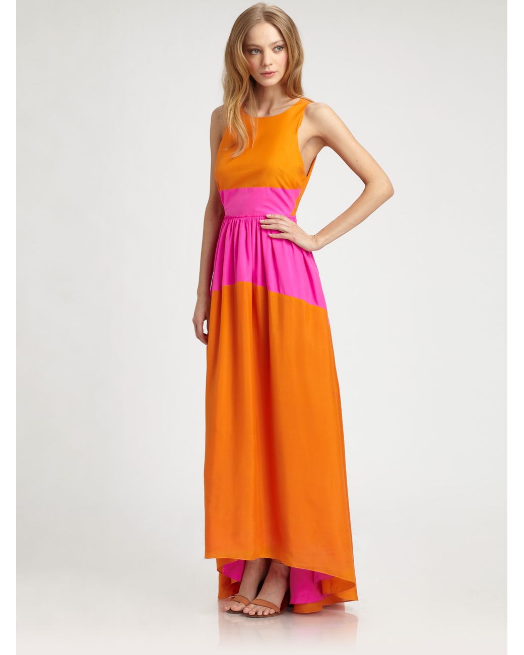 Tibi Silk Maxi Dress in Orange Magenta (Orange) | Lyst