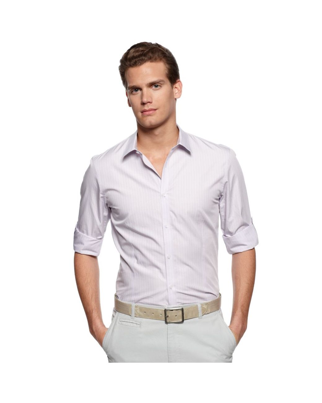 Calvin Klein Long Sleeve Roll Up Sleeve Shirt in White for Men | Lyst