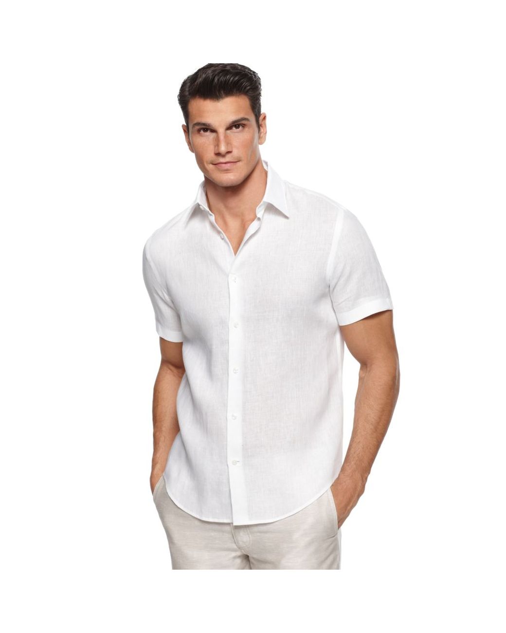 Perry Ellis Short Sleeve Linen Shirt in White for Men | Lyst