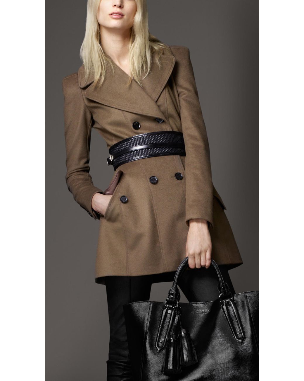 Burberry Fitted Wool Cashmere Pea Coat in Brown | Lyst