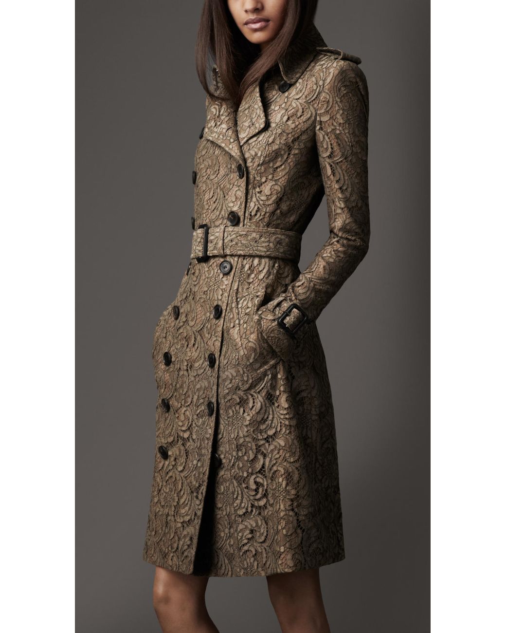 Burberry Long Lace Trench Coat in Brown | Lyst