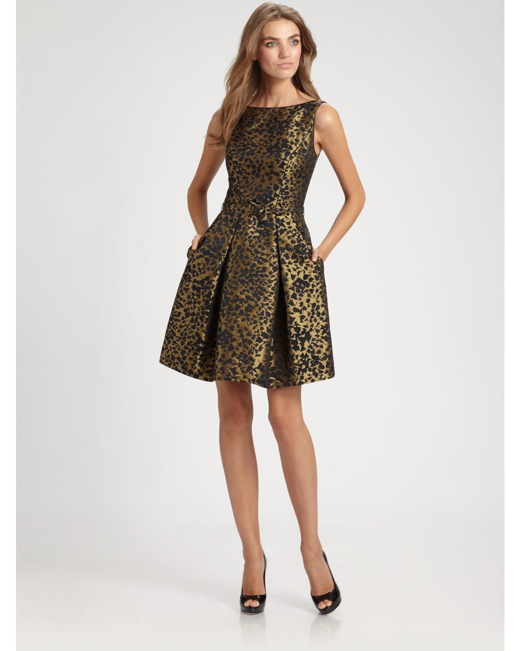 THEIA Brocade Dress in Gold (Metallic) | Lyst