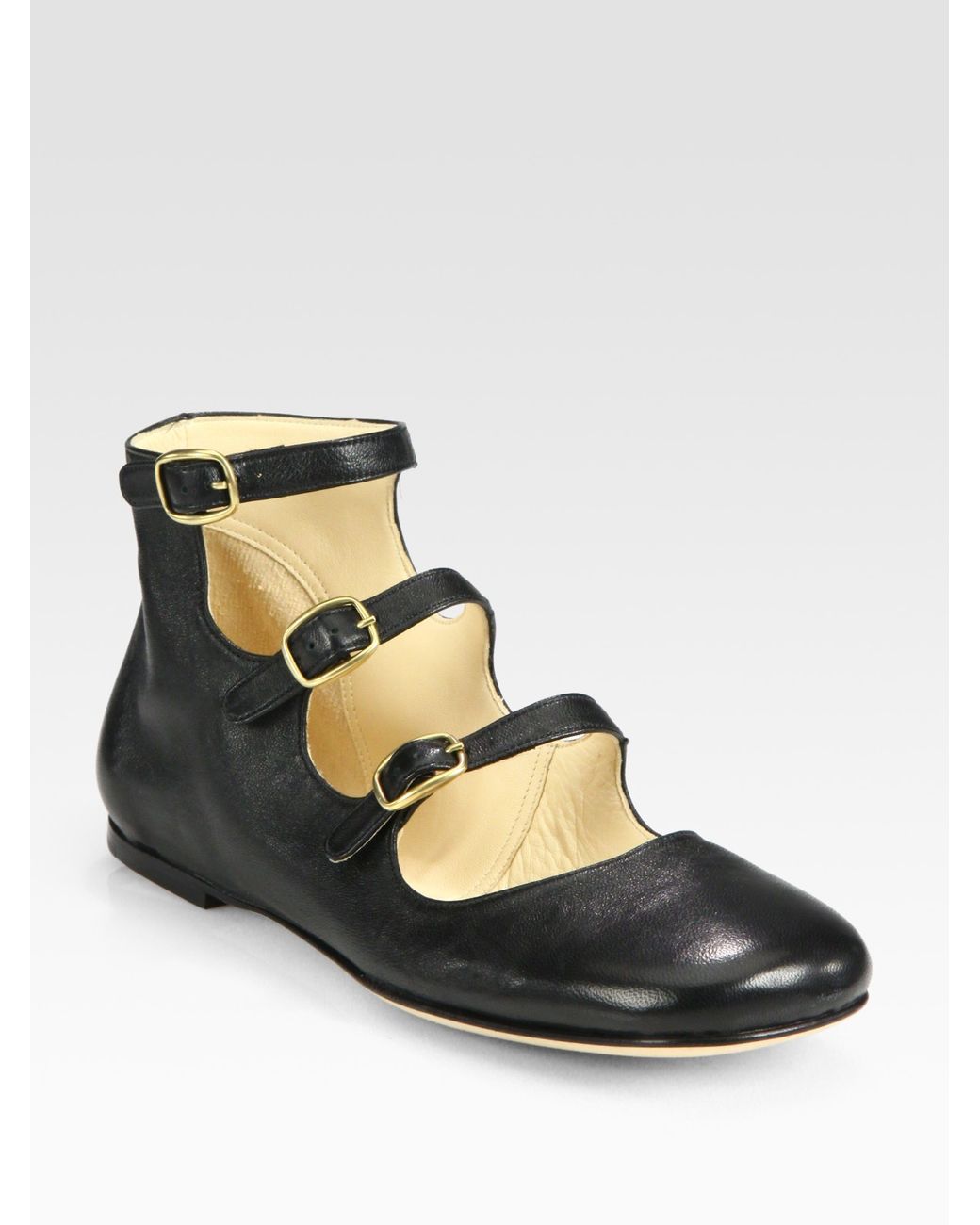 Chloé Leather Triple Buckle Strap Ballet Flats in Black Lyst