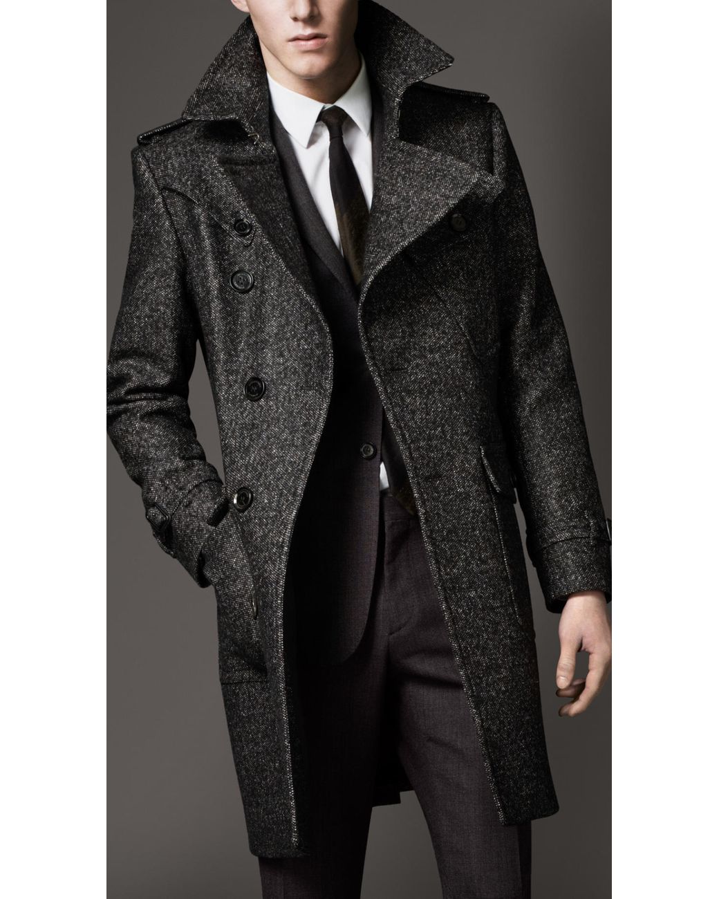 Burberry Wool Tweed Belted Coat in Gray for Men | Lyst