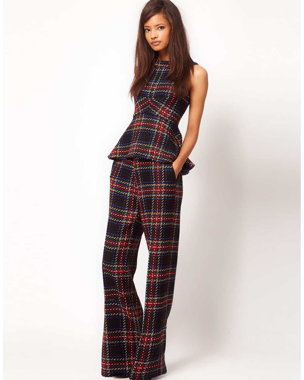 ASOS Collection Wide Leg Tartan Trousers in Red Lyst