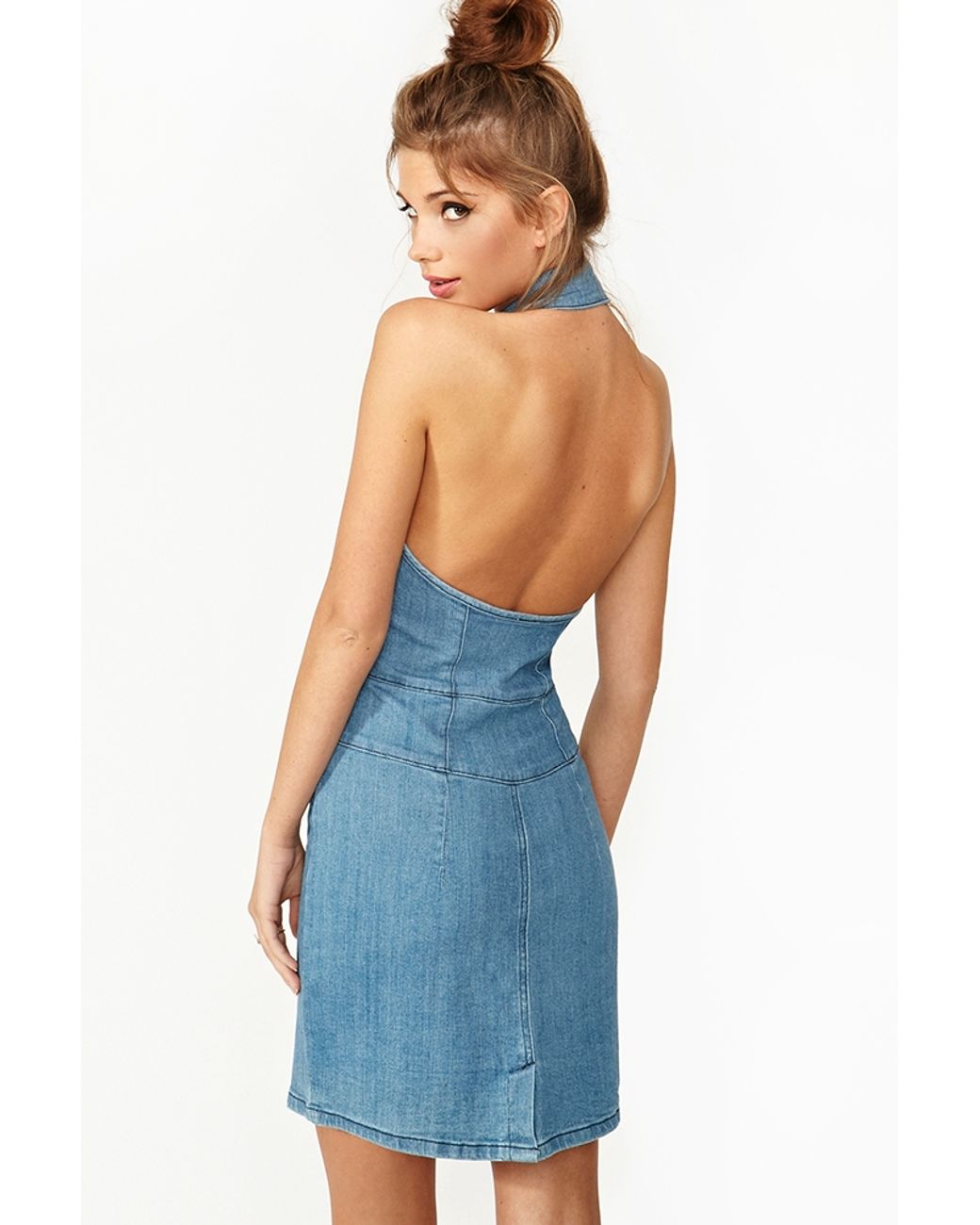 Nasty Gal Denim Halter Dress in Blue | Lyst
