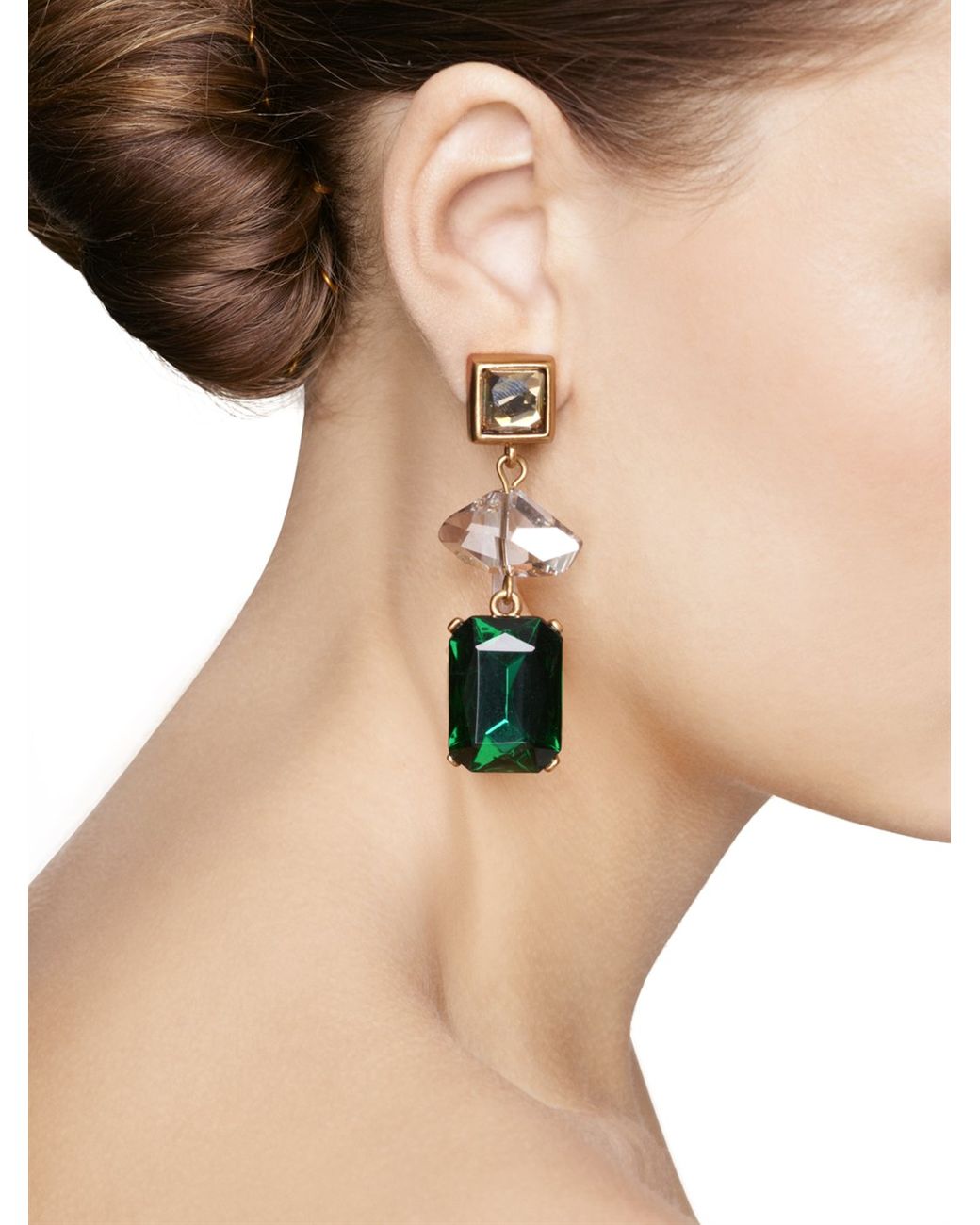 Oscar de la Renta Geometric Crystal Drop Earrings in Green | Lyst