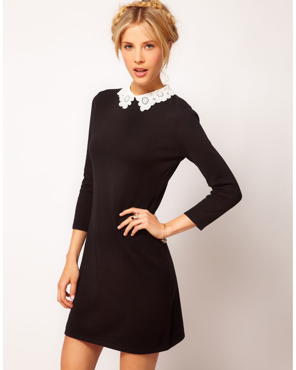 ASOS Knit Dress with Lace Collar in Black