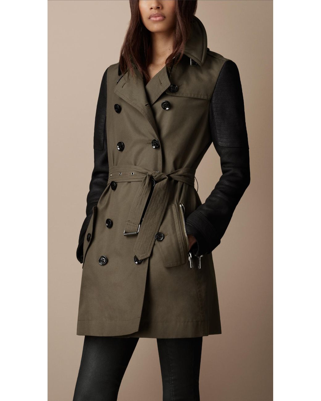 Burberry Brit Short Leather Sleeve Cotton Trench Coat in Green | Lyst