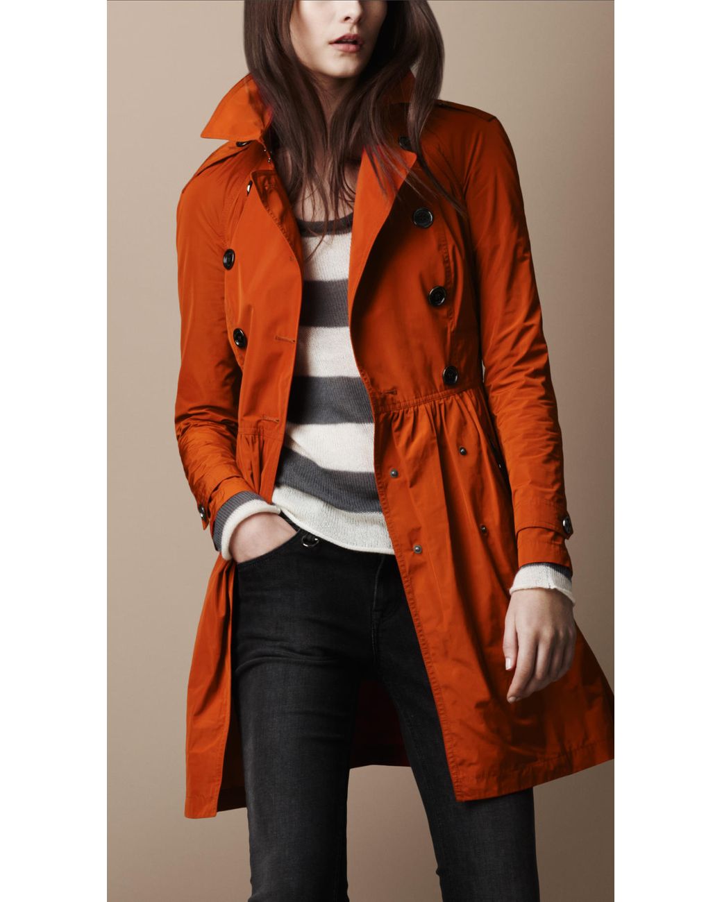 Burberry Brit Midlength Lightweight Technical Fabric Gathered Skirt Trench  Coat in Orange | Lyst