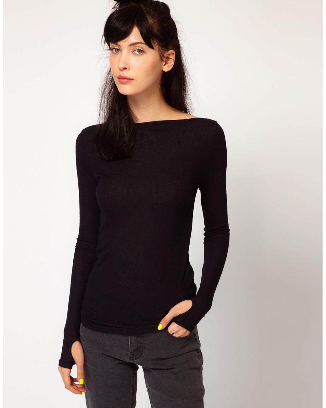 Cheap Monday Long Sleeve Top with Slash Neck and Thumb Holes in Black | Lyst