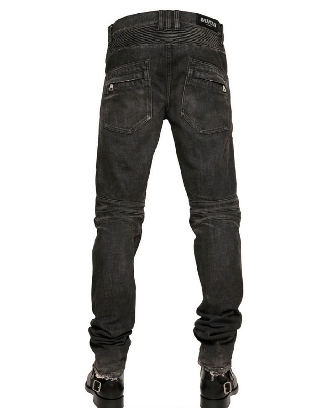 Balmain Ripped Washed Denim Biker Jeans in Black for Men Lyst