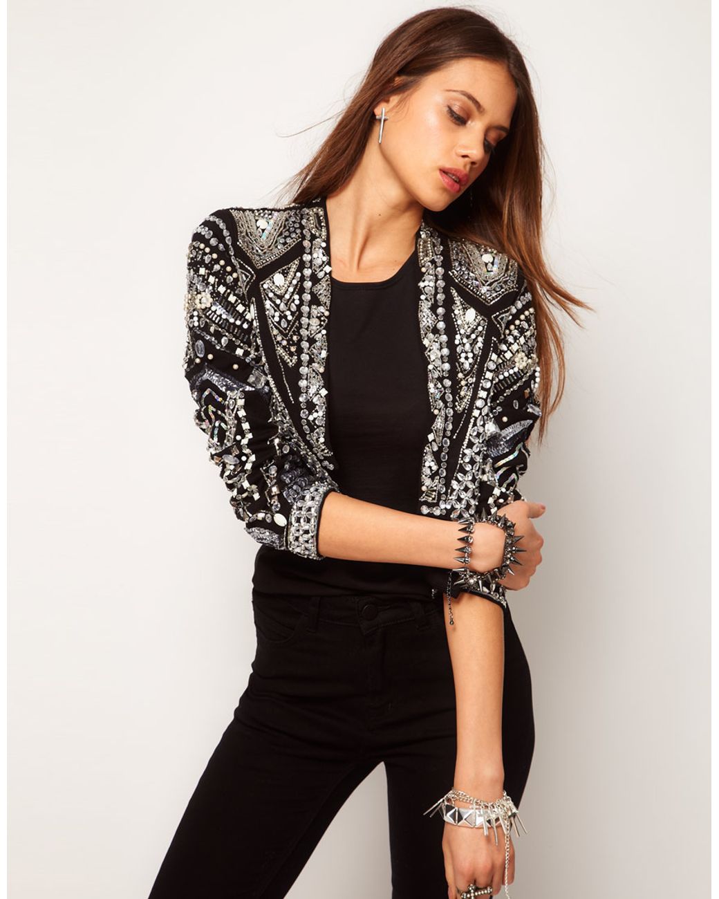 ASOS Trophy Jacket with Pearl Grid Embellishment in Black | Lyst