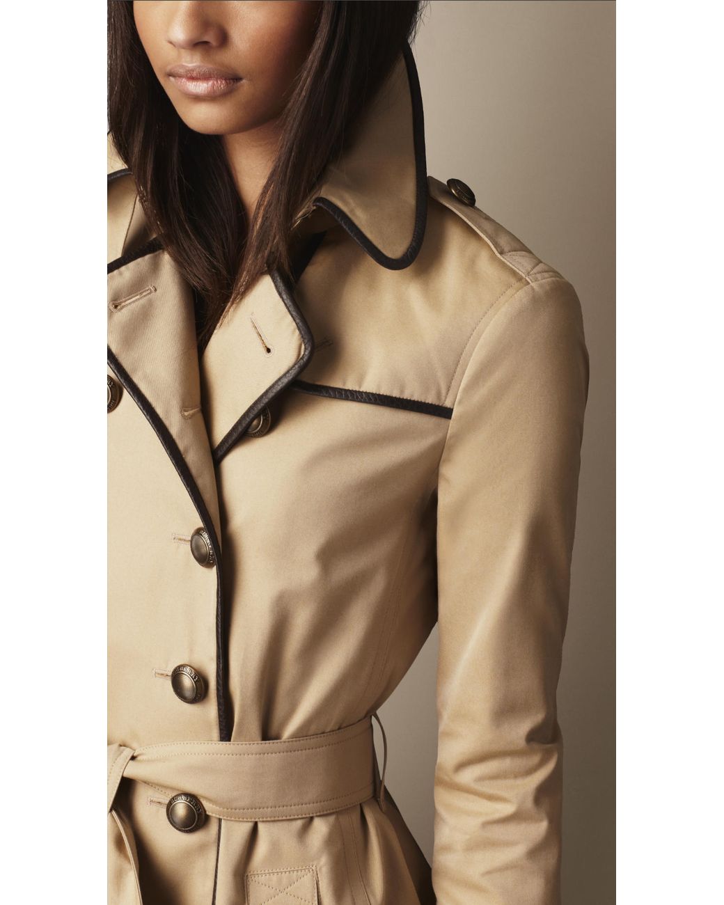 Burberry Brit Midlength Cotton Gabardine Leather Detail Trench Coat in  Natural | Lyst