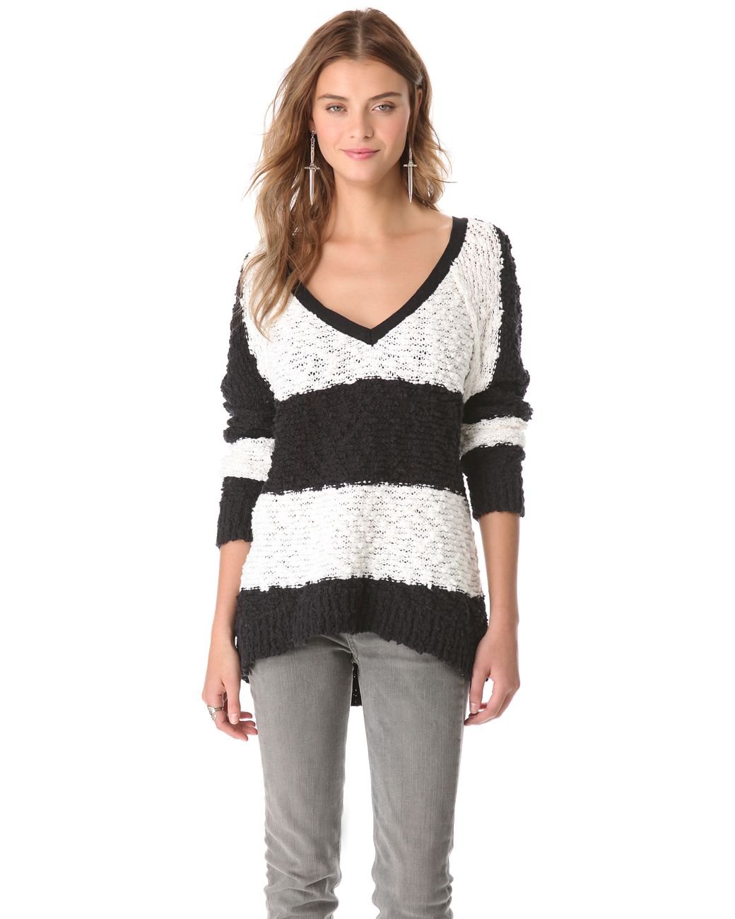 Free People Songbird Rugby Stripe Bouclé Sweater in White | Lyst
