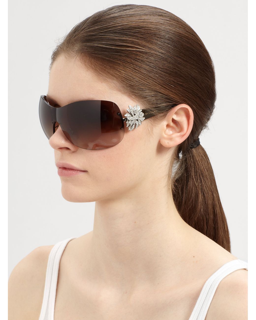 BVLGARI Crystal Starburst Oversized Shield Sunglasses in Silver (Brown) |  Lyst