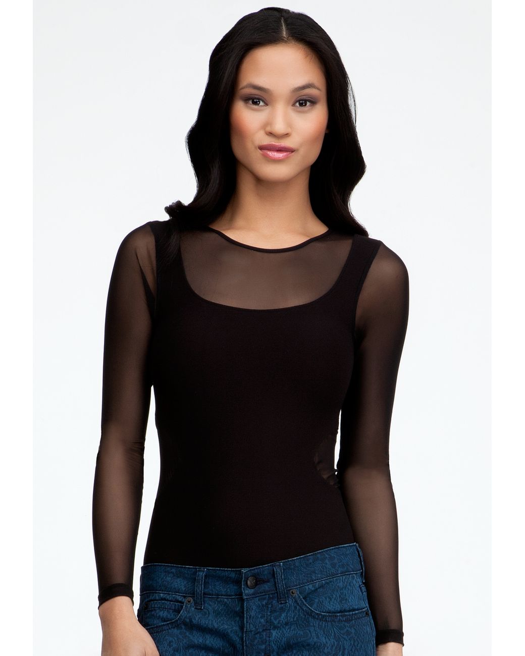 Bebe Long Sleeve Mesh Inset Bodysuit in Black Lyst