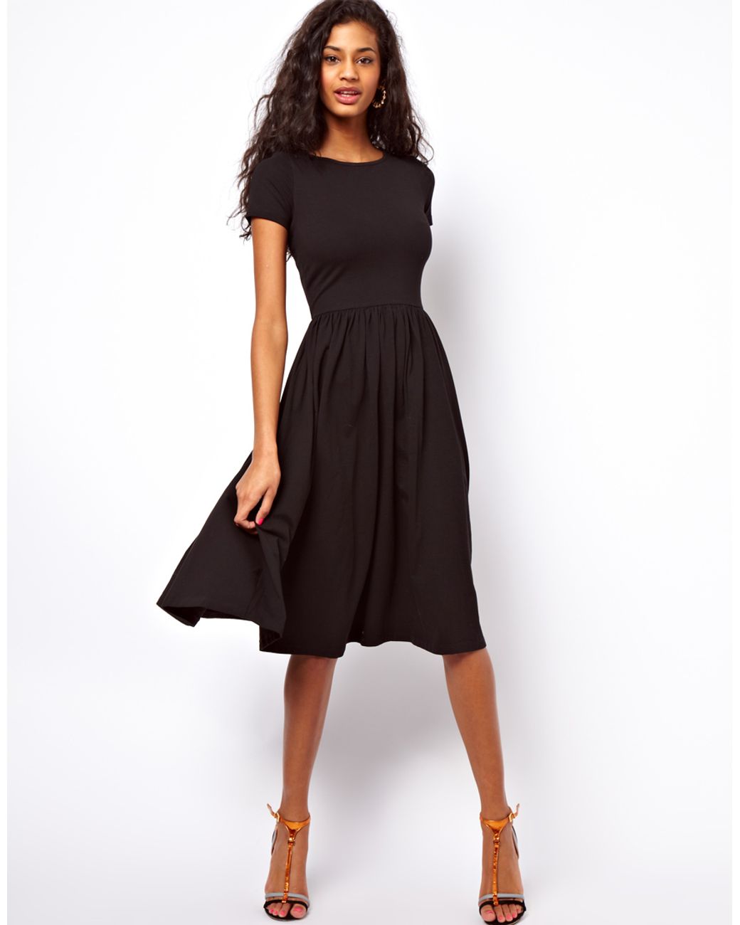 ASOS Midi Dress with Short Sleeves in Black | Lyst
