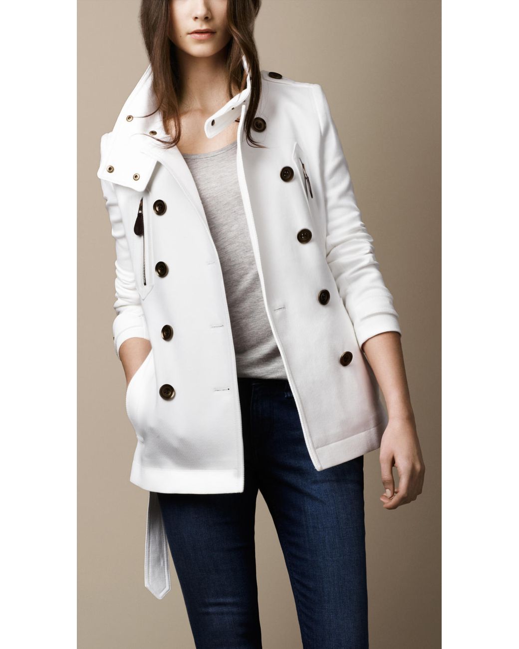 Burberry Brit Short Funnel Collar Trench Coat in White | Lyst