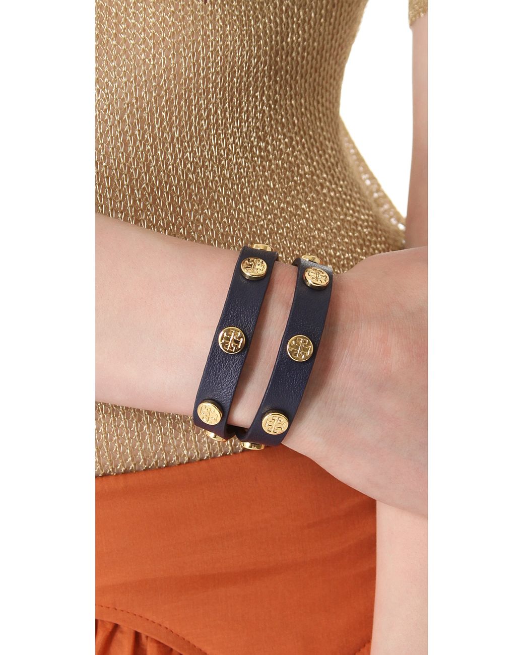 Tory Burch Double Wrap Logo Stud Bracelet in Metallic | Lyst