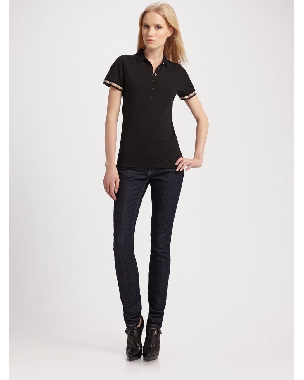 Burberry Brit Check Trim Stretch Cotton Piqué Polo in Black | Lyst