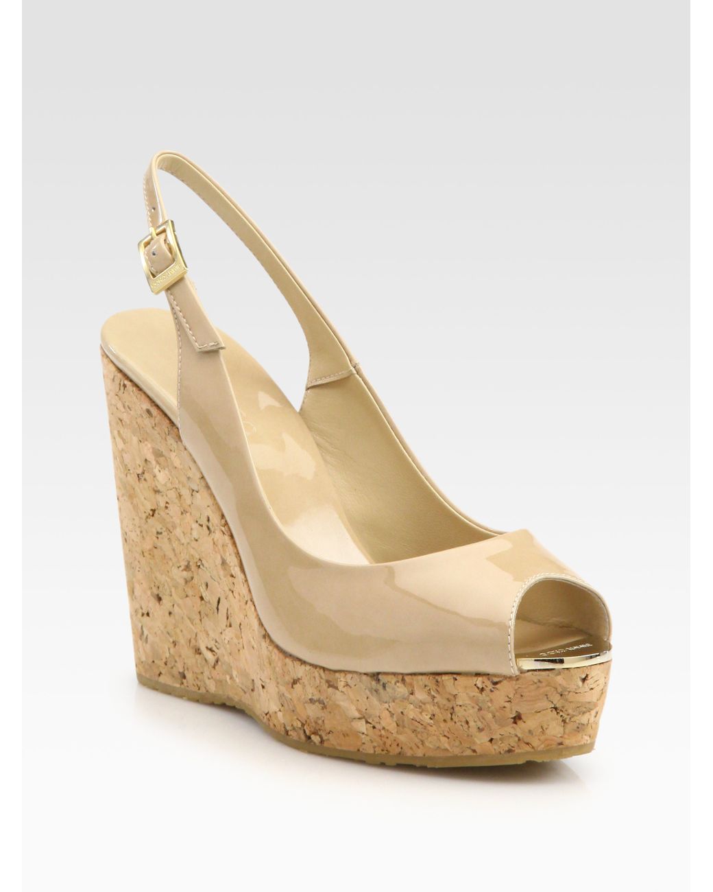Jimmy Choo Prova Patent Leather Cork Wedge Sandals in Natural | Lyst