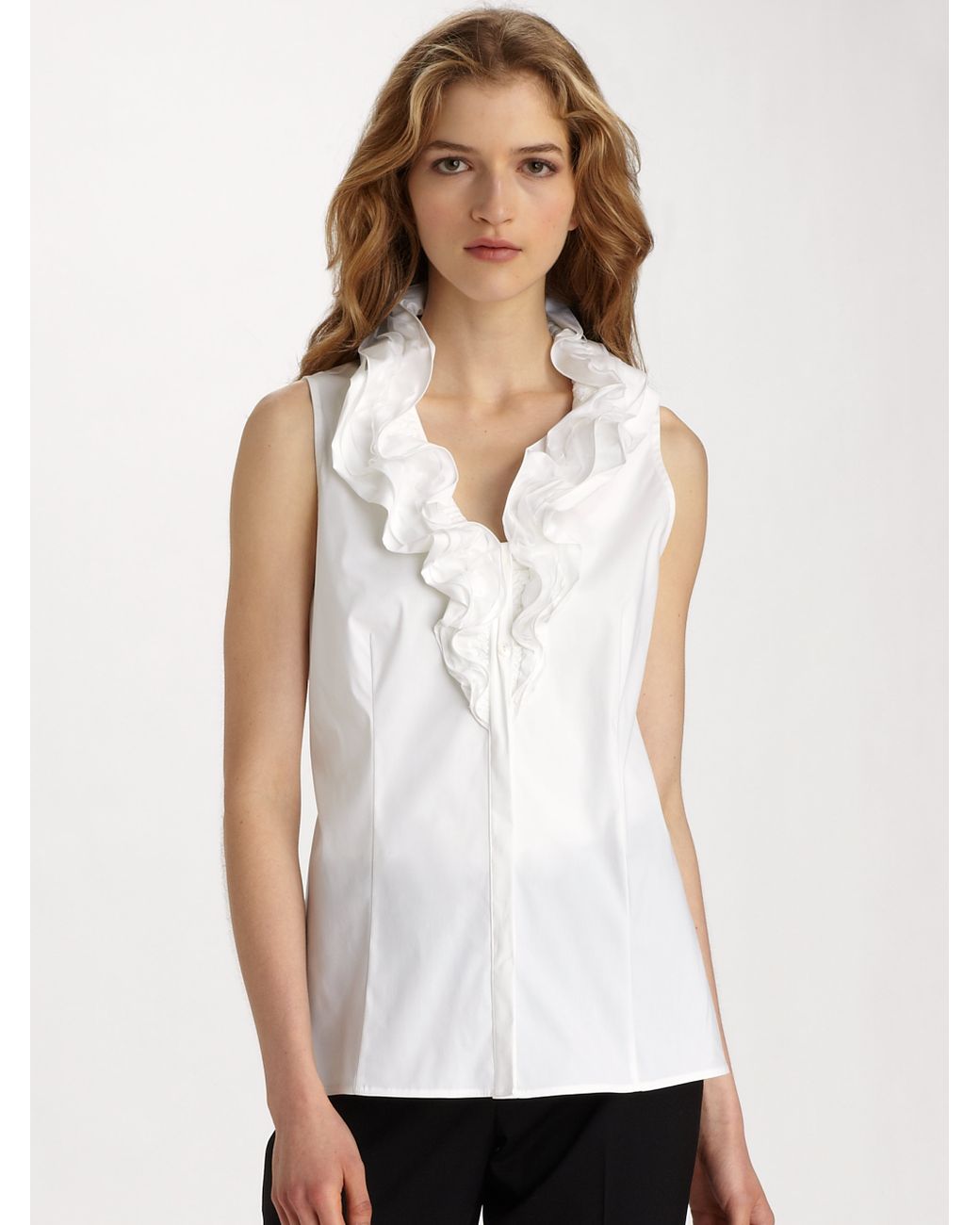 Lafayette 148 New York Tessa Stretch Cotton Sleeveless Ruffle Blouse In White Lyst