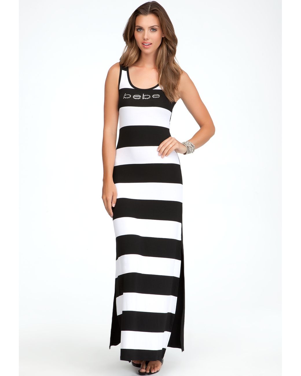 Bebe Logo Stripe Racerback Maxi Dress in Black (White) | Lyst