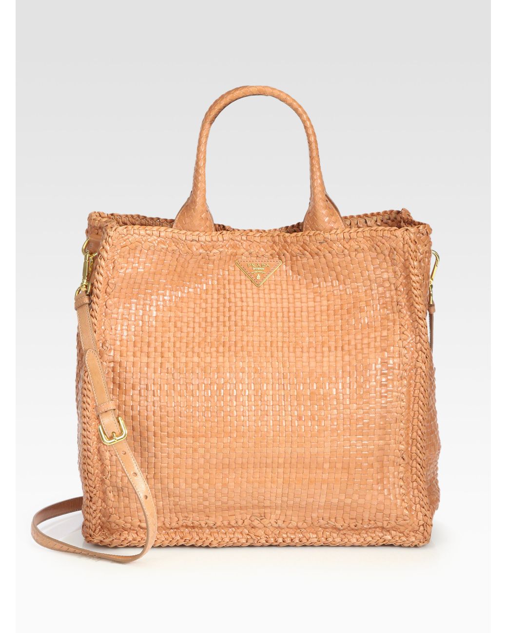 Prada Madras Woven Leather Tote Bag in Orange | Lyst