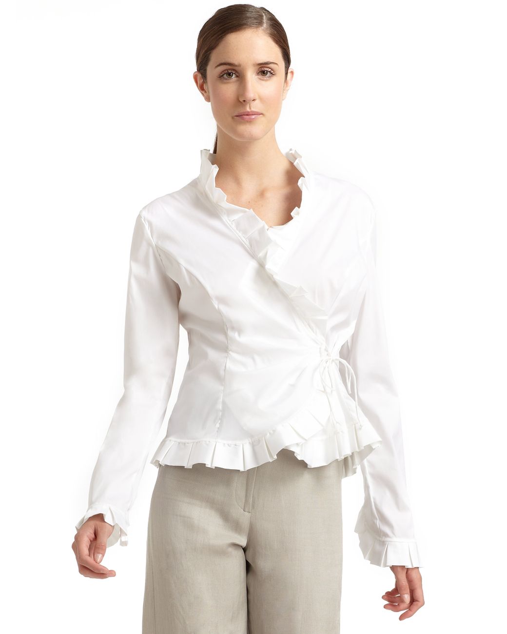 Giorgio Armani Ruffled Wrap Blouse in White | Lyst