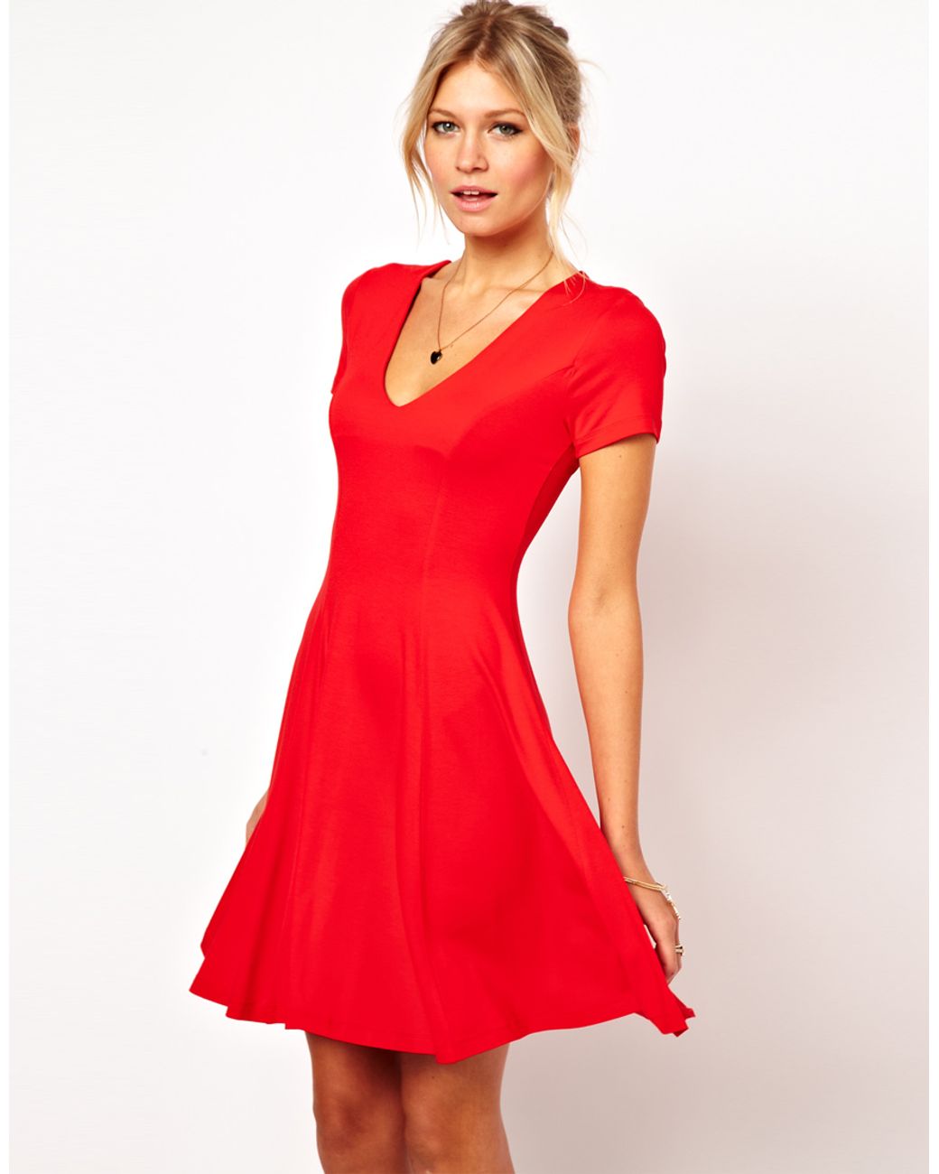 ASOS Collection Skater Dress with V Neck and Short Sleeves in Red | Lyst