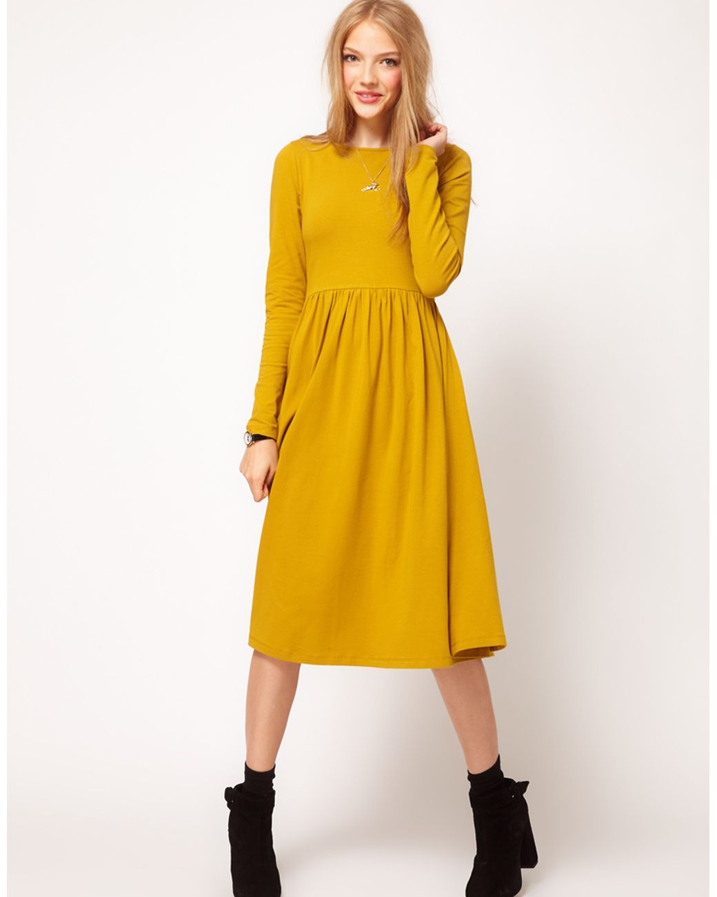 ASOS Collection Asos Midi Dress with Long Sleeve in Yellow | Lyst