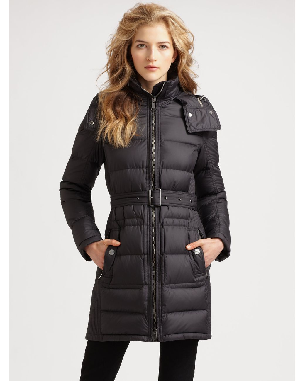 Burberry Brit Quilted Buckle Belt Puffer Coat in Black (Gray) | Lyst