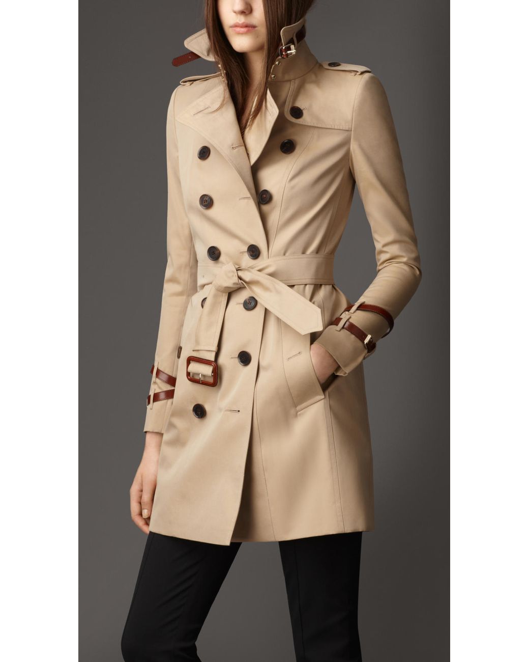 Burberry Mid-length Leather Detail Gabardine Trench Coat in Honey (Natural)  | Lyst