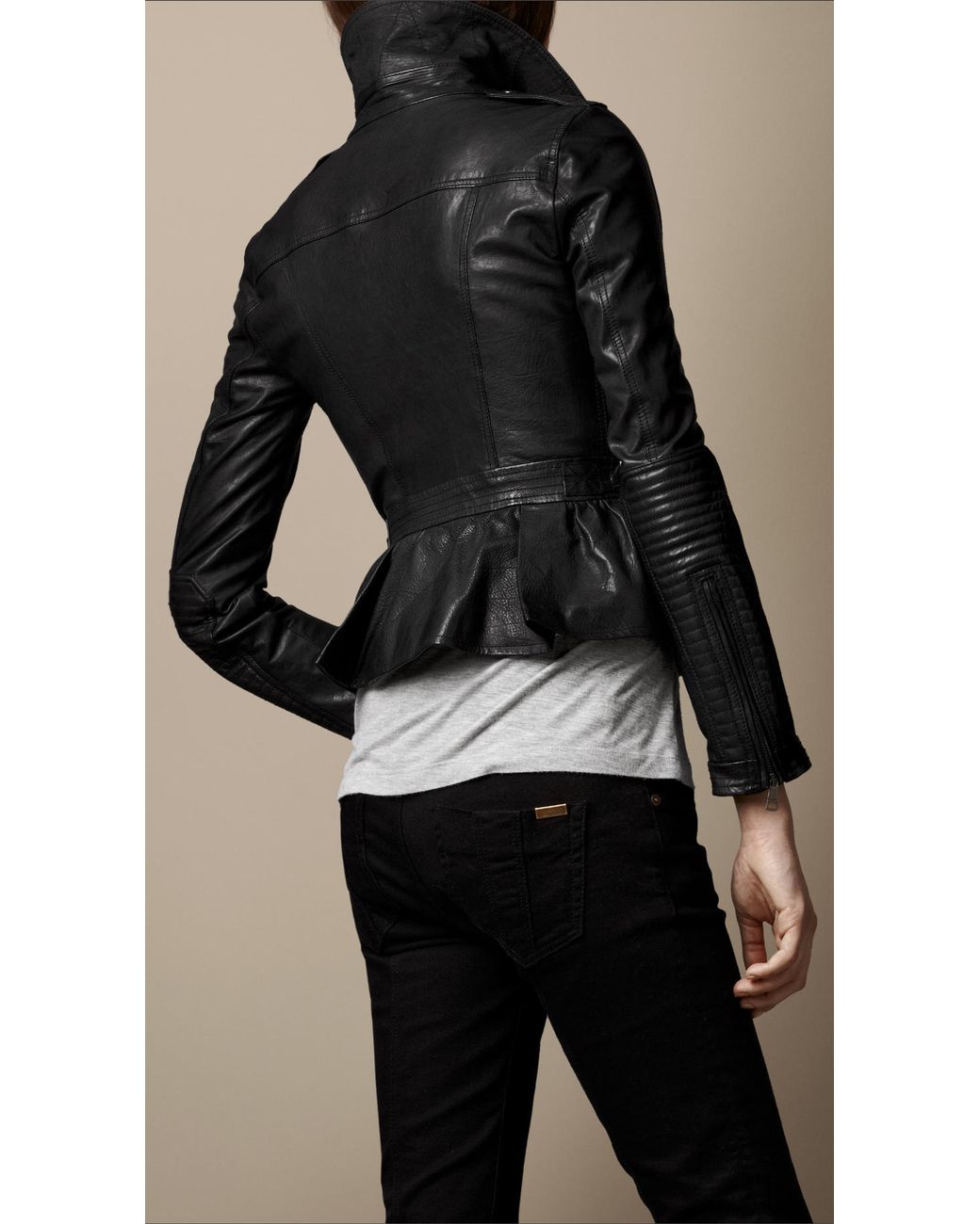 Burberry Leather Peplum Biker Jacket in Black | Lyst UK