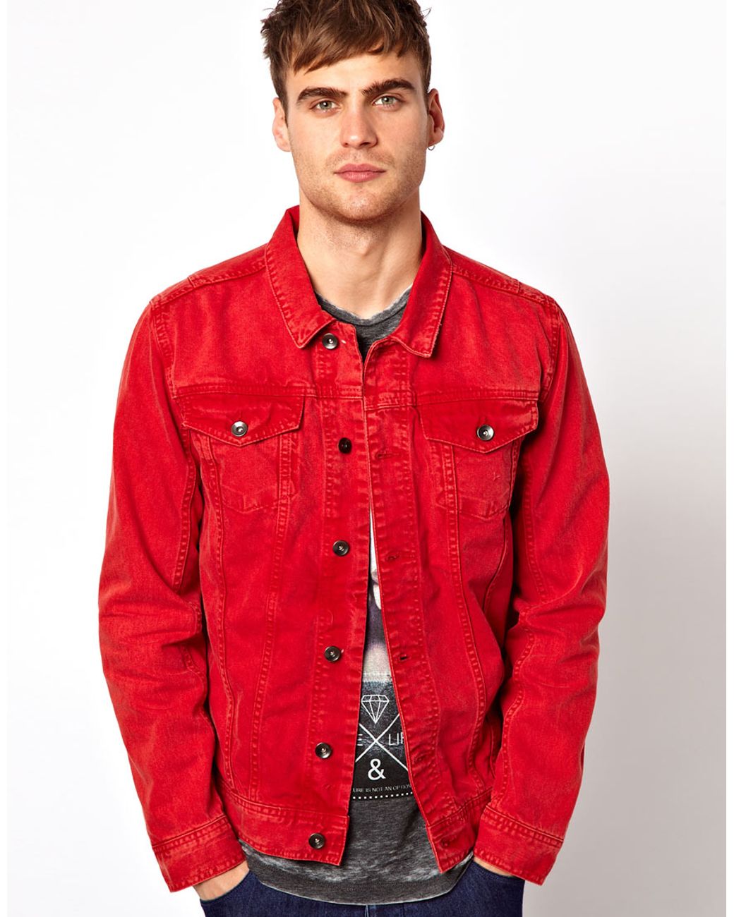 Мужские куртки red. Denim Джекет. Куртка Denim River Island. Jean Jacket men Red Denim. Red Denim Jacket.