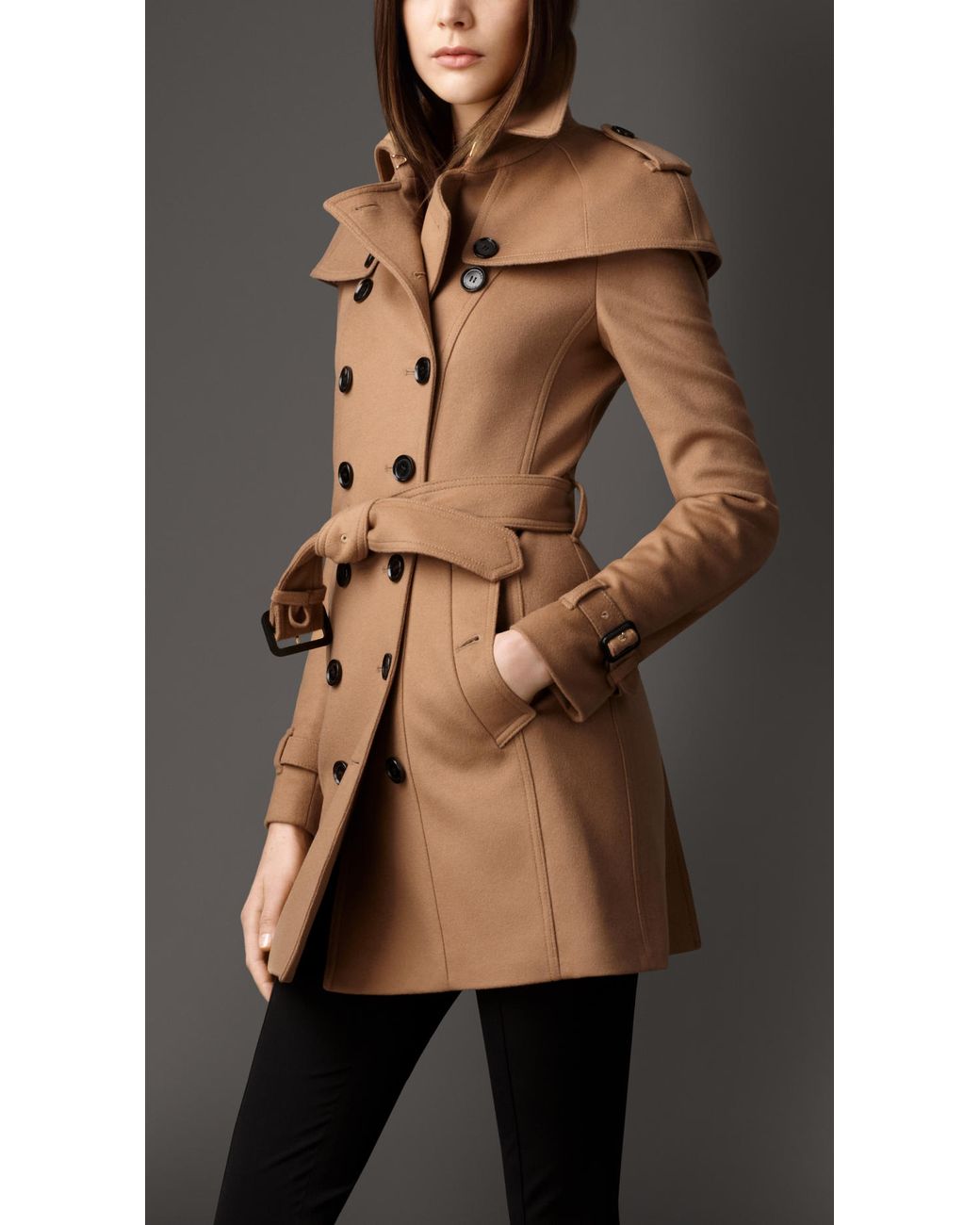 Burberry Wool Cashmere Caped Trench Coat in Camel (Brown) | Lyst