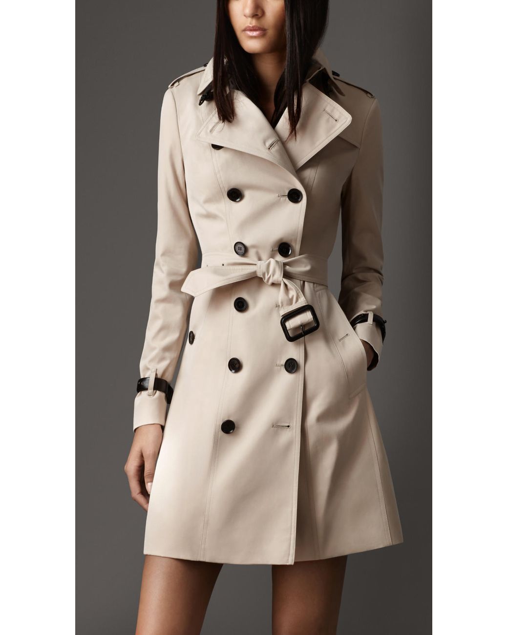 Burberry Long Leather Detail Gabardine Trench Coat in Natural | Lyst