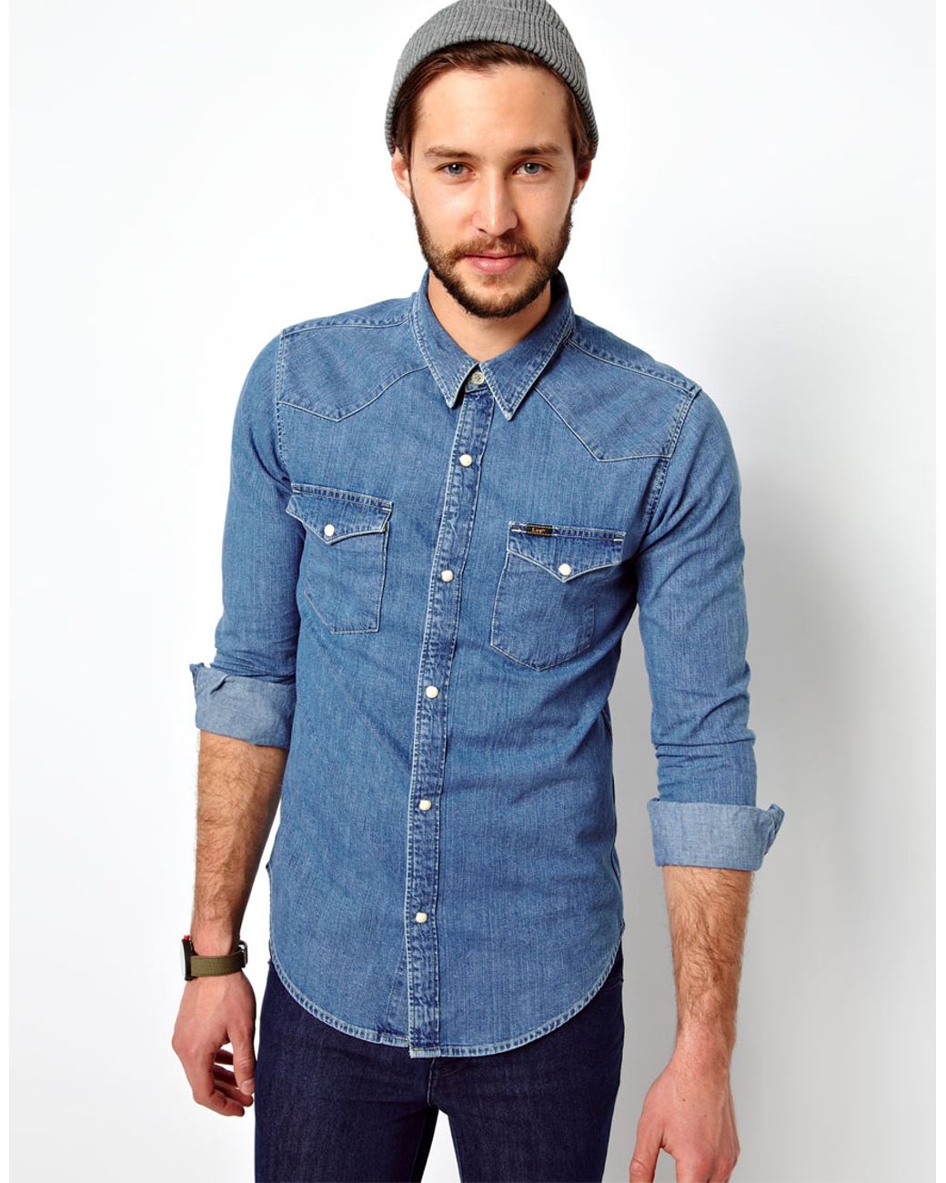 ASOS Denim Shirt Western Slim Fit Light Stone in Blue for Men | Lyst