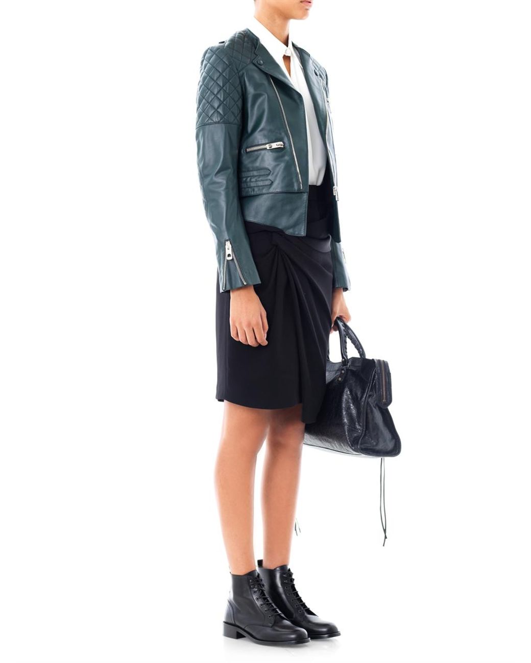 Balenciaga Quilted Shoulder Leather Biker Jacket in Green | Lyst