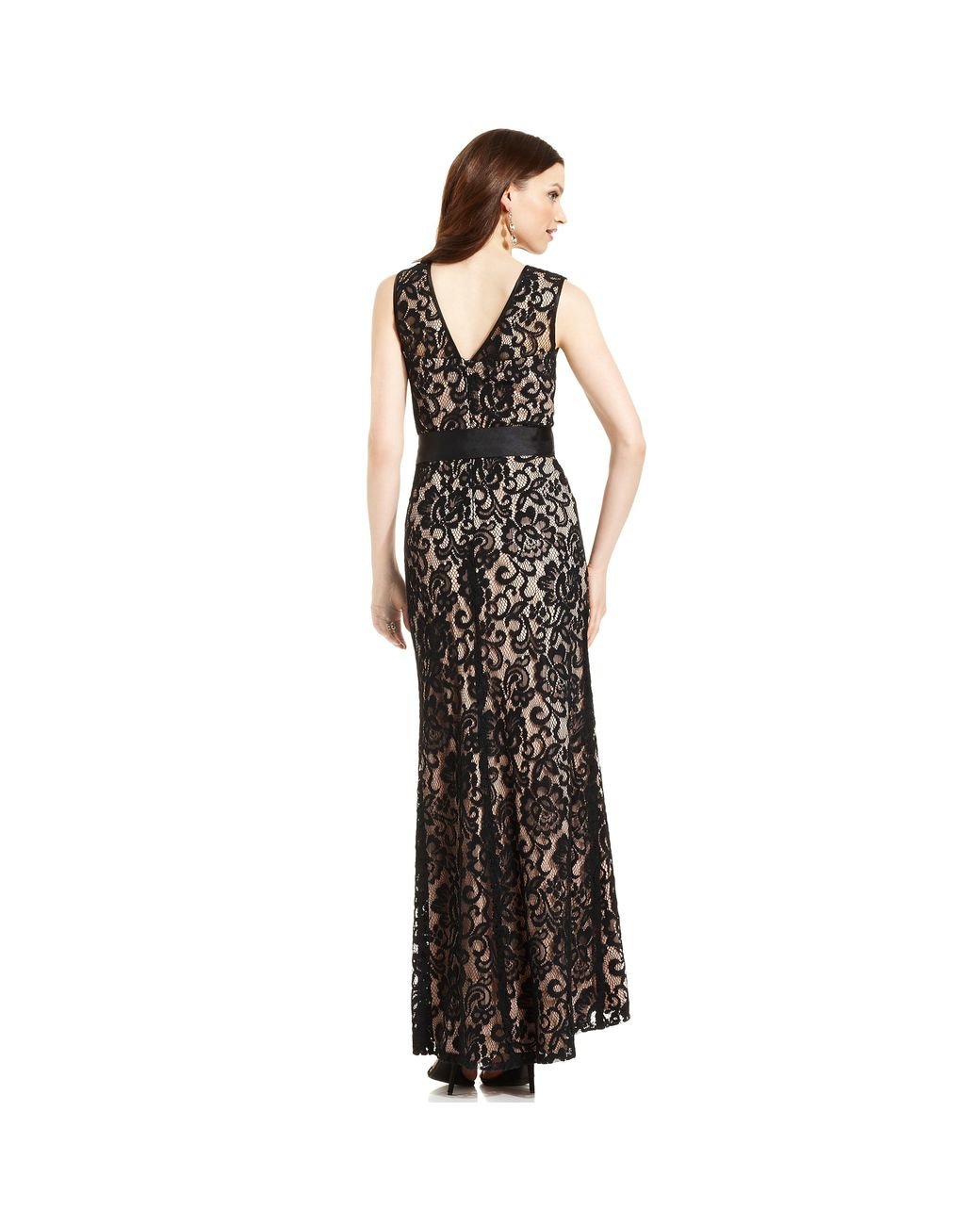 Betsy Adam Betsy and Adam Dress Sleeveless Belted Lace Gown in Black