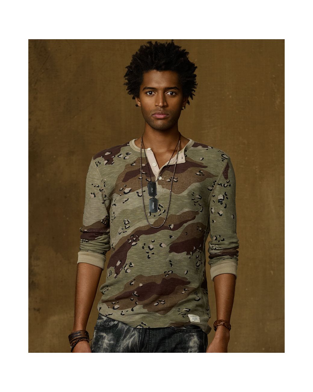 Long Sleeved Military Camo Henley Shirt 