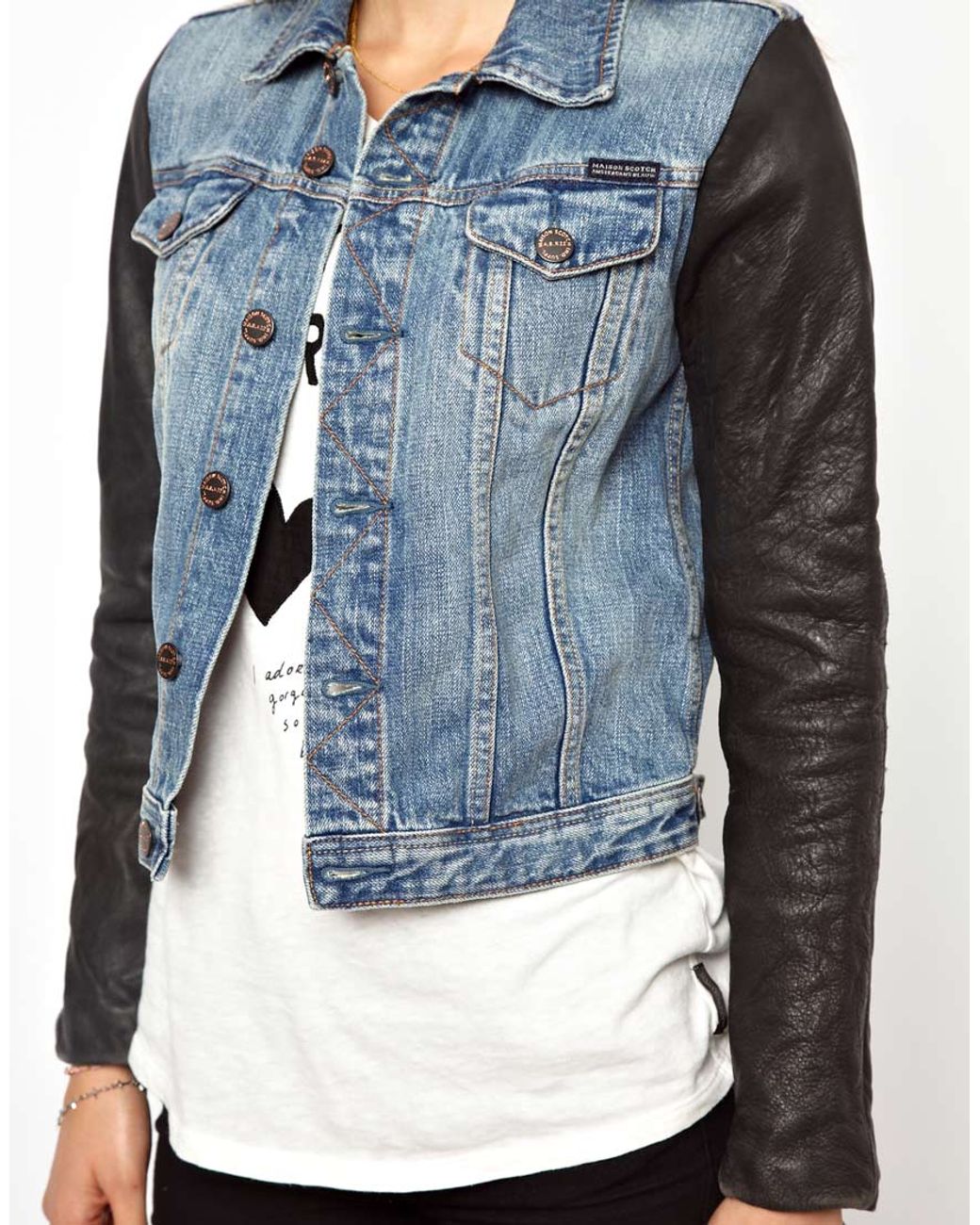 ASOS Maison Scotch Denim Jacket with Leather Sleeves in Black | Lyst