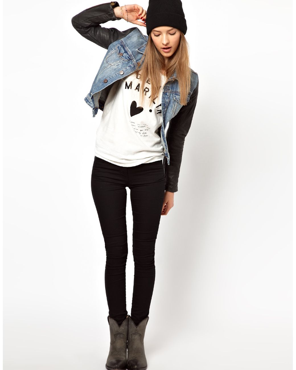 Womens denim jacket with faux leather sleeves store