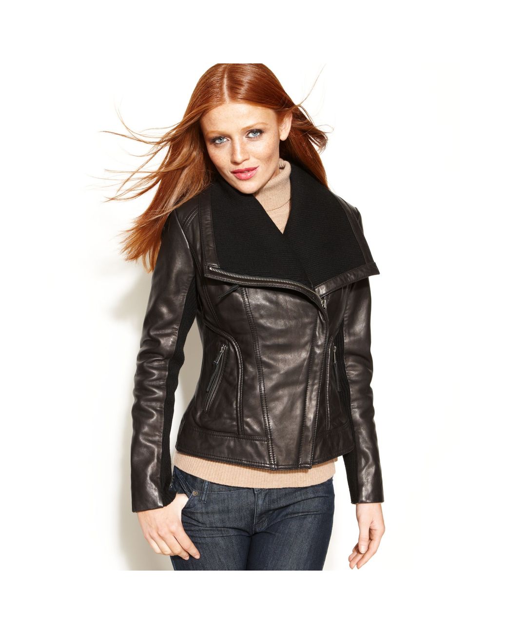 Michael Kors Leather Knit-trim Motorcycle Jacket in Black | Lyst