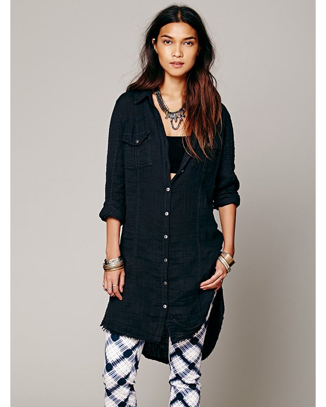 Free People Solid Double Cloth Button Down Tunic in Black | Lyst