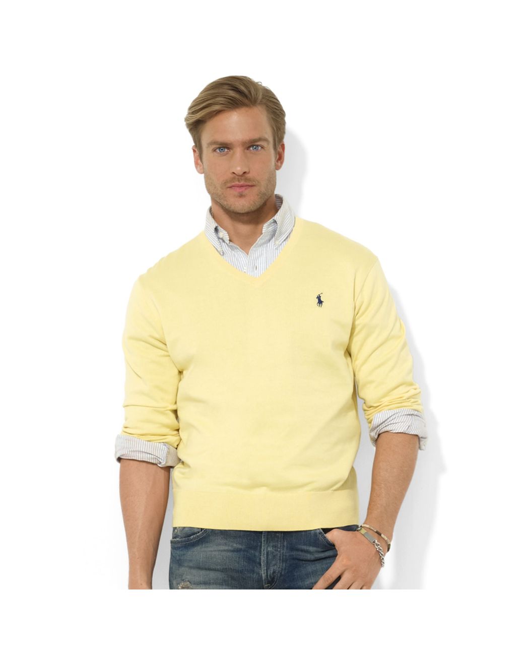 Ralph Lauren Vneck Pima Cotton Sweater in Yellow for Men | Lyst