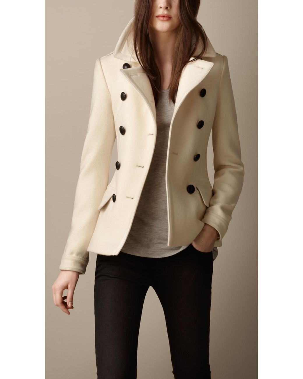 Wool Cashmere Pea Coat in Natural | Lyst