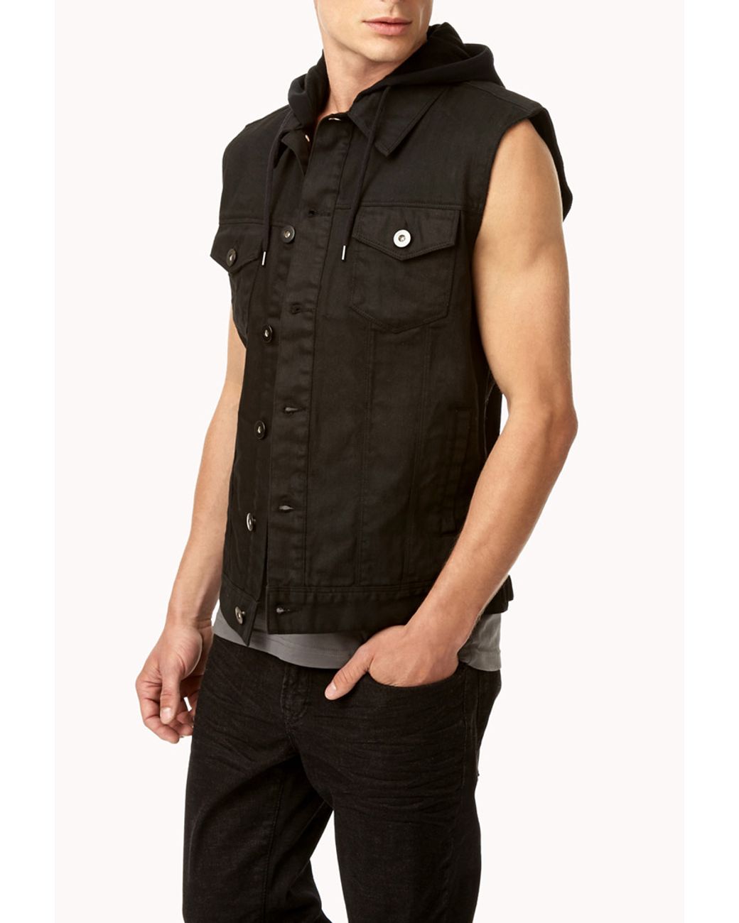 Forever 21 Hooded Denim Vest in Black 